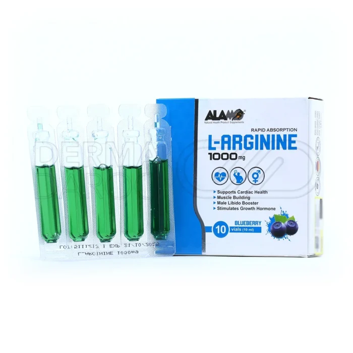 ویال خوراکی ال آرژنین آلامو 1000 میلی‌گرم، محرک هورمون رشد، در بسته‌بندی ویال، تقویت سیستم ایمنی و عضله‌سازی ورزشکاران.