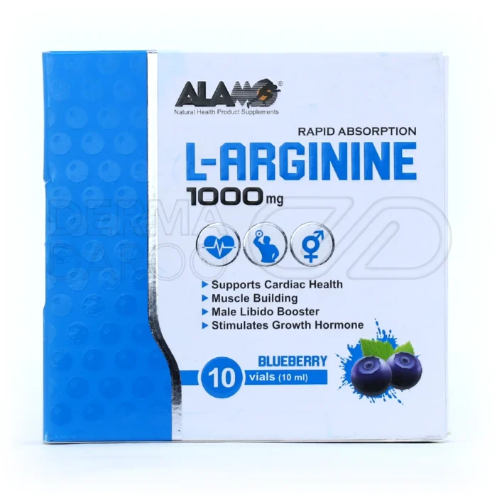 ال آرژنین ویال آلامو 1000 میلی‌گرم، تقویت سیستم ایمنی و عضلات، بهبود جریان خون، مناسب برای ورزش و اختلال نعوظ.