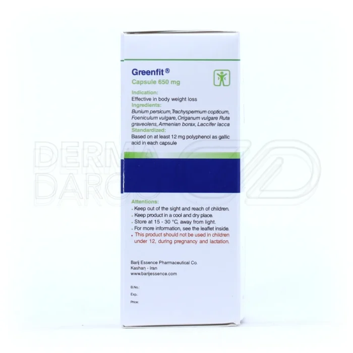 گرین فیت باریج اسانس، کپسول گیاهی، با پلی‌فنول و رازیانه، کاهش اشتها، چربی‌سوز، مناسب برای کبد چرب و لاغری.