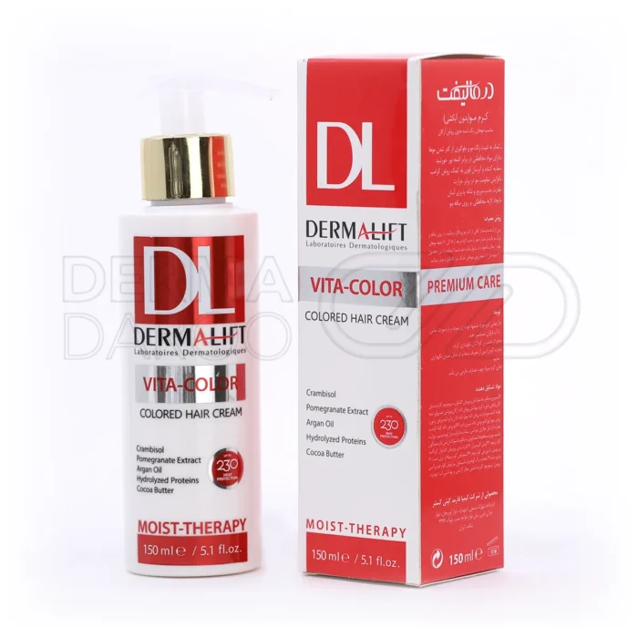 dermalift-vita-color-colored-hair-cream-150-ml (1) کرم مو بدون آبکشی درمالیفت 150 میلیلیتر، با بستهبندی شیک، حاوی عصاره انار و کراتین، محافظ موهای رنگشده و خشک
