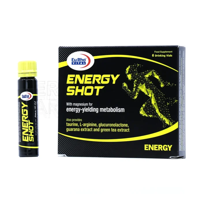 ویال انرژی شات یوروویتال، با طعم کولا، حاوی منیزیم و تائورین، در بسته‌بندی ویال، افزایش انرژی، رفع خستگی و تقویت سیستم ایمنی.
