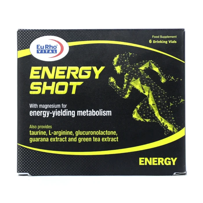 انرژی شات یوروویتال، با ۱۶۰ میلی‌گرم منیزیم و ال-تیروزین، رفع گرفتگی عضلانی، افزایش تمرکز، مناسب مصرف خوراکی.