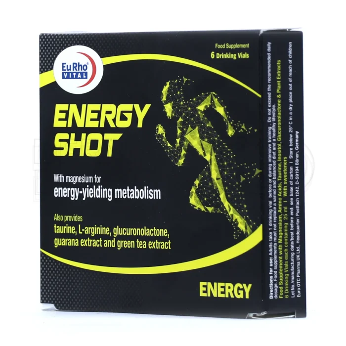 ویال یوروویتال انرژی شات، با گلوکورونولاکتون و عصاره چای سبز، افزایش خون‌رسانی، تقویت سیستم ایمنی، طعم کولا.