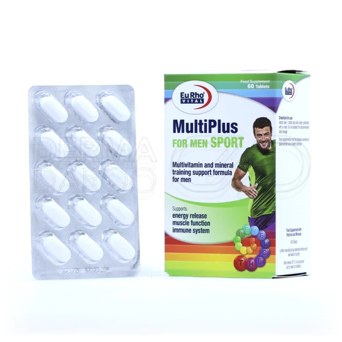 eurho-vital-multiplus-for-men-sport-60-tablets (1) قرص مولتی ویتامین پلاس فور من اسپرت یوروویتال، با جینسینگ و ال-آرژنین، در بستهبندی، تقویت انرژی و سیستم ایمنی ورزشکاران.