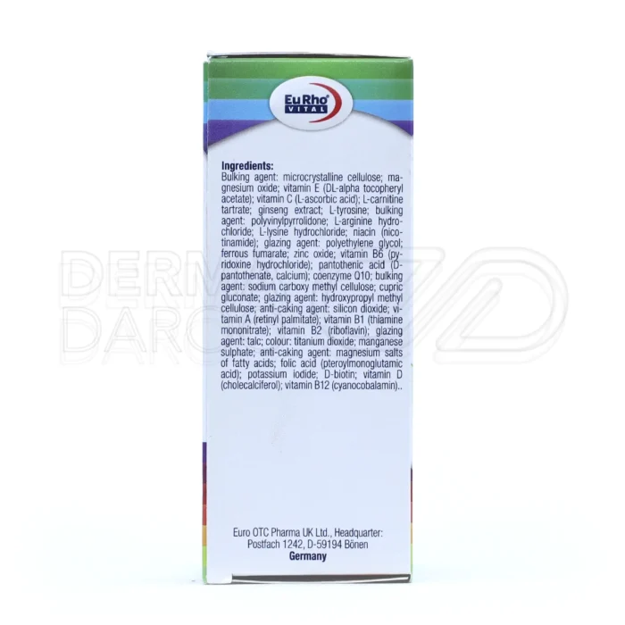 مولتی ویتامین پلاس یوروویتال، با کوآنزیم Q10 و ال-آرژنین، افزایش انرژی، آنتی‌اکسیدان، مناسب ورزشکاران و کاهش خستگی.