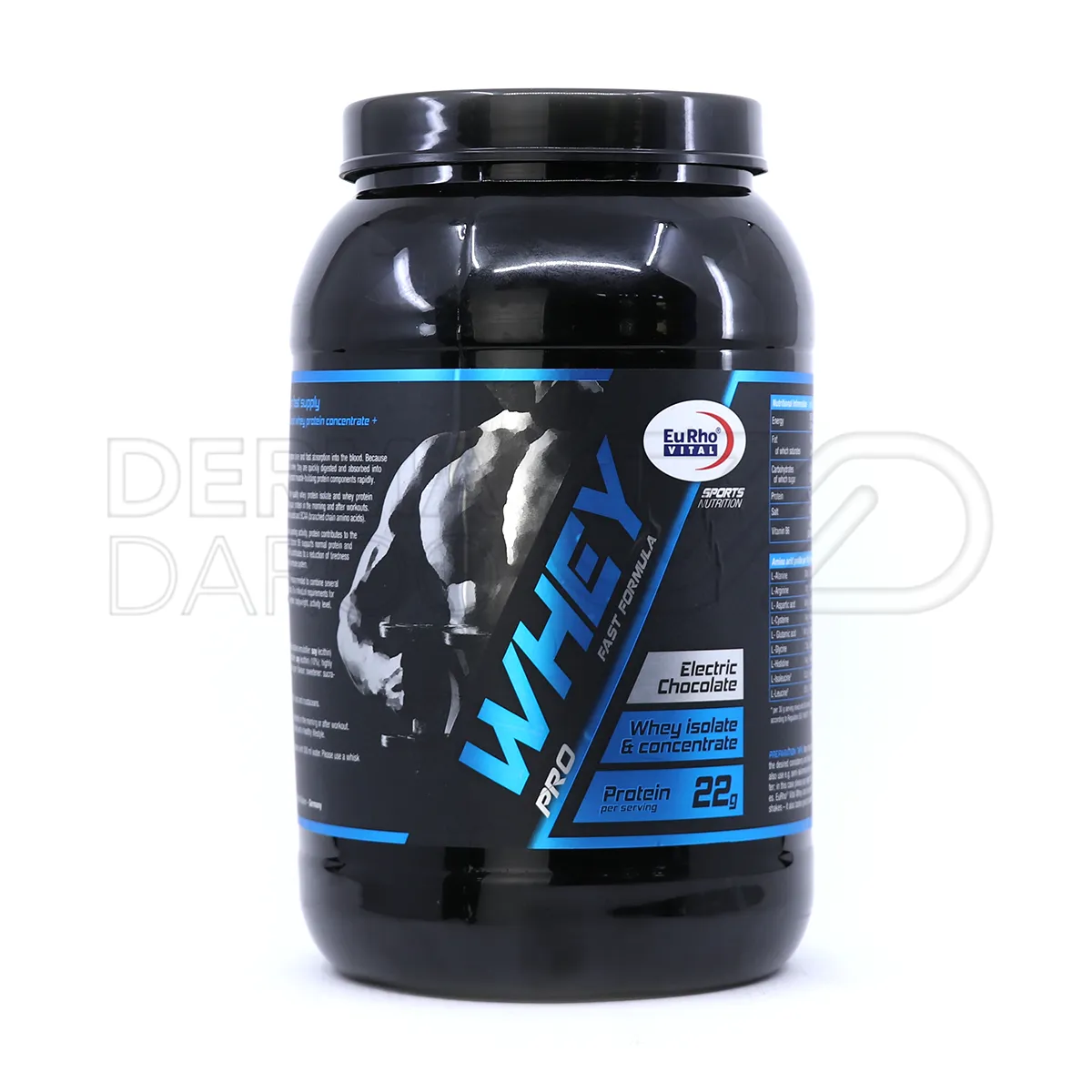 پودر وی پرو یوروویتال در قوطی پلاستیکی، حاوی پروتئین ایزوله و کنسانتره، مکمل عضله سازی و ریکاوری