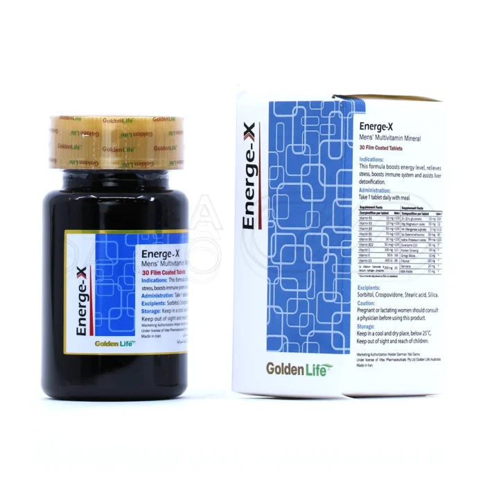 قرص انرژکس گلدن لایف، بسته‌بندی مقاوم، مکمل مردان، تقویت انرژی و قلب، حاوی جینسینگ.