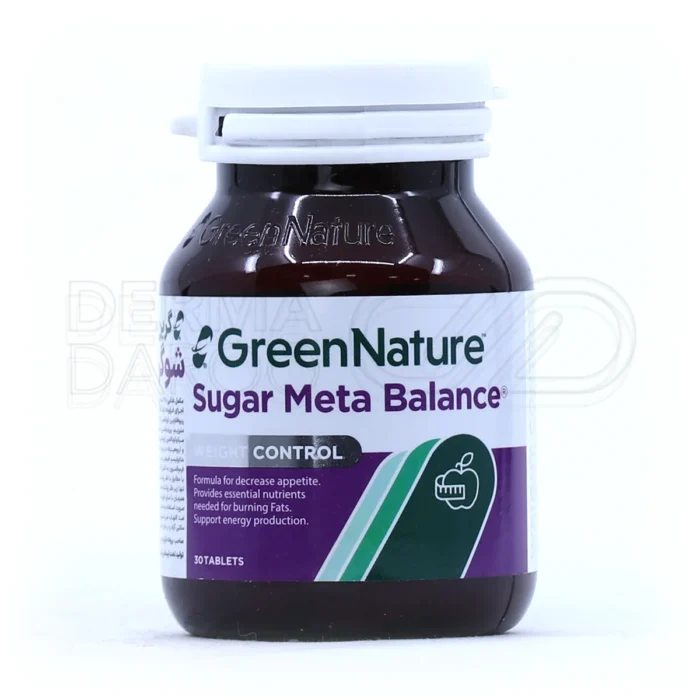 بسته‌بندی قرص شوگر متا بالانس گرین نیچر حاوی ویتامین‌ها و املاح مؤثر در کاهش قند خون و کنترل دیابت در افراد بزرگسال