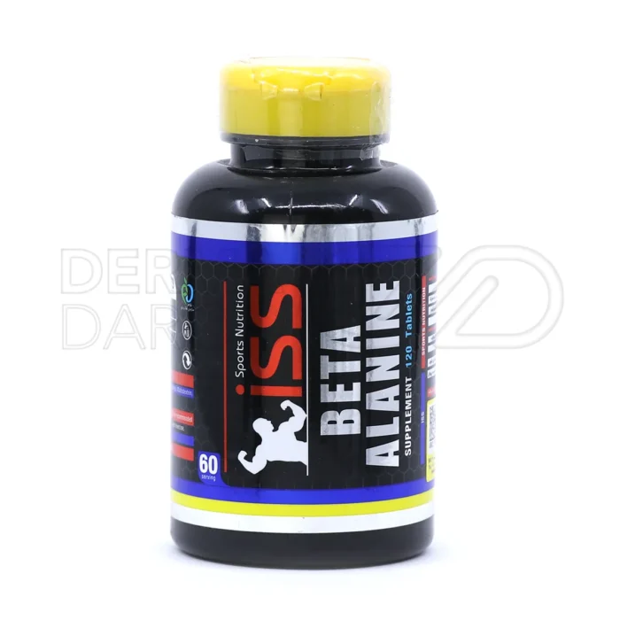کپسول بتا آلانین آی اس اس در بسته‌بندی پلاستیکی، حاوی 800 میلی‌گرم بتا آلانین، مکمل استقامت ورزشی