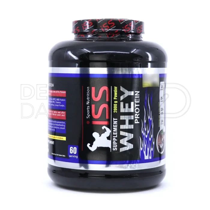 iss-whey-protein-powder-2000-g (1) پودر وی پروتئین آی اس اس در قوطی پلاستیکی، ترکیبی از وی کنسانتره و سفیده تخم مرغ، مکمل عضله سازی