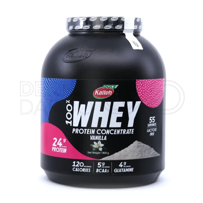 kalleh-pro-whey-protein-powder-1800-g-vanilla (1) پودر پروتئین وی کاله 1800 گرم در قوطی پلاستیکی، طعم وانیل و کوکی، حاوی 24 گرم پروتئین و 5 گرم BCAA
