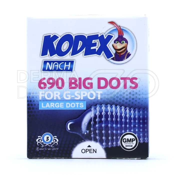 kodex-690-big-dots-condoms (1) کاندوم خاردار بیگ داتس کدکس، بستهبندی مقاوم، لاتکس طبیعی، روانکننده، تحریک G-Spot و افزایش میل جنسی.