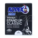 کاندوم کلاسیک استند آپ کدکس، بسته‌بندی مقاوم، لاتکس چرب و شفاف، شیاردار برای لذت و امنیت بیشتر.