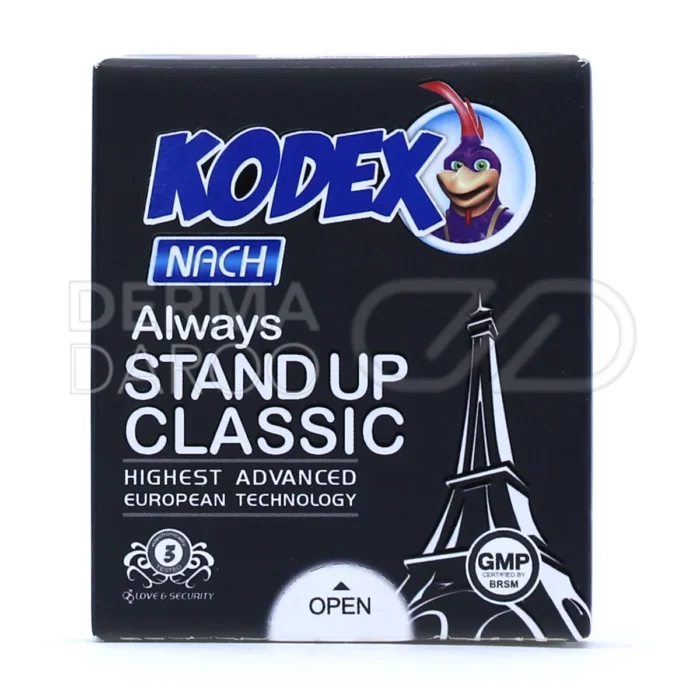 کاندوم کلاسیک استند آپ کدکس، بسته‌بندی مقاوم، لاتکس چرب و شفاف، شیاردار برای لذت و امنیت بیشتر.