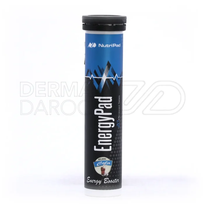 قرص جوشان انرژی پاد نوتری پاد در بسته‌بندی بهداشتی، با طعم کولا، حاوی تائورین و کافئین برای افزایش انرژی و تمرکز