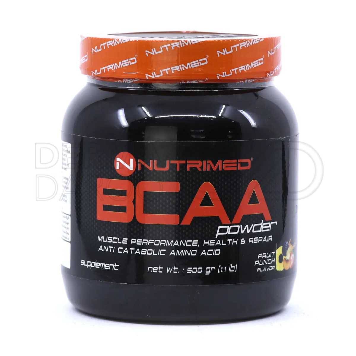 قوطی پودر بی سی ای ای نوتریمد ۵۰۰ گرمی با طعم پرتقال، حاوی ال-لوسین، ال-ایزولوسین و ال-والین برای رشد عضلانی