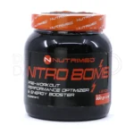 بسته بندی پودر نیترو بمب نوتریمد در قوطی آبی با طعم فروتی پانچ، حاوی بتا آلانین و کافئین، مناسب افزایش قدرت و عملکرد بدنی