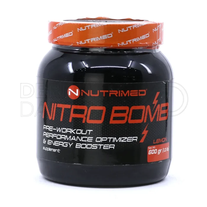 nutrimed-nitro-bomb-powder-600-g (1) بسته بندی پودر نیترو بمب نوتریمد در قوطی آبی با طعم فروتی پانچ، حاوی بتا آلانین و کافئین، مناسب افزایش قدرت و عملکرد بدنی