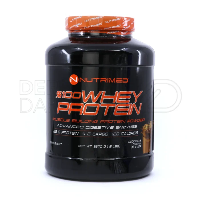 nutrimed-whey-protein-100-2270-g (1) قوطی پودر پروتئین وی ۱۰۰ درصد نوتریمد، حاوی ۲۴ گرم پروتئین ایزوله و کنسانتره، بدون شکر و مناسب عضله سازی حرفهای