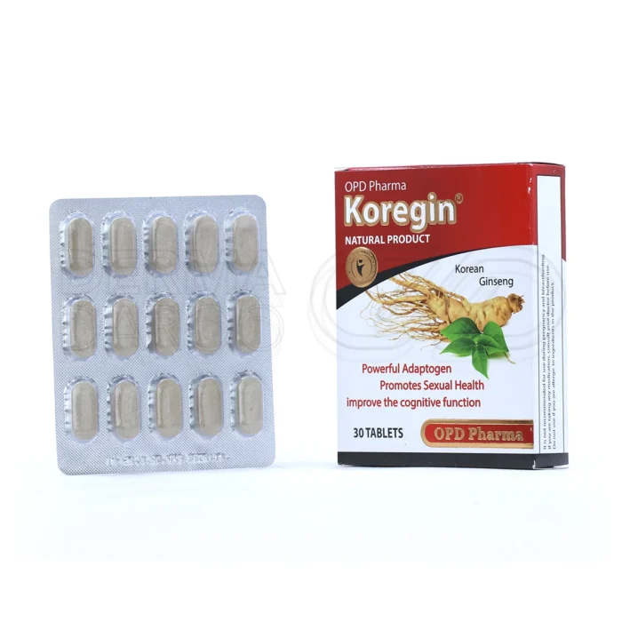 بسته‌بندی قرص کورجین او پی دی فارما، مکمل گیاهی حاوی جینسینگ کره‌ای برای تقویت انرژی، قوای جنسی و بهبود عملکرد ذهنی