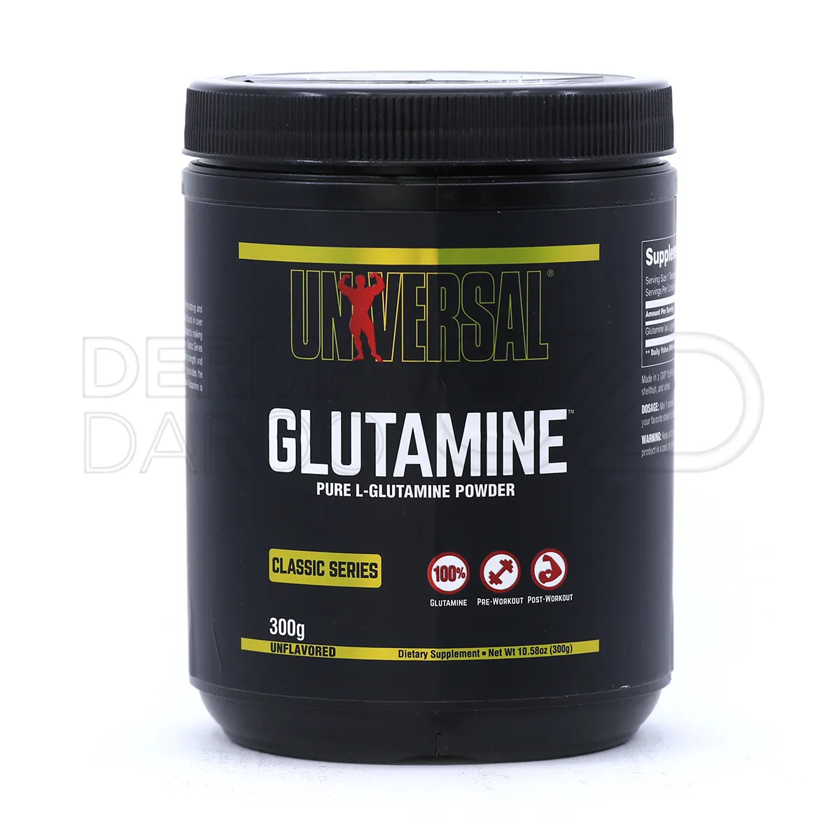 بسته بندی مکمل گلوتامین یونیورسال با طراحی حرفه ای، حاوی اسید آمینه گلوتامین برای رشد عضلات و تقویت سیستم ایمنی