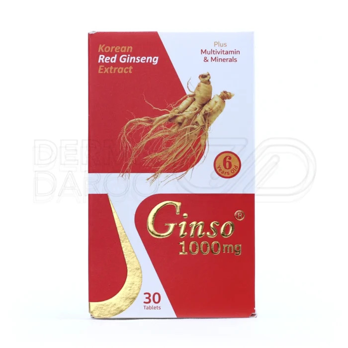 قرص جینسو 1000 میلی‌گرم ویت اسکای، حاوی 1000 میلی‌گرم جینسینگ کره‌ای در هر دوز روزانه، همراه با ویتامین‌ها و مواد معدنی برای حمایت از انرژی، سلامت مفاصل و تقویت سیستم ایمنی بدن.