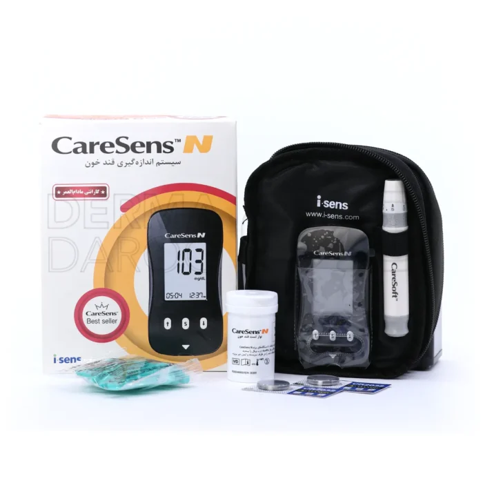 دستگاه تست قند خون کرسنس سری N در بسته بندی سفید و آبی با نوارهای تست برای سنجش سریع قند خون خانگی بدون کدگذاری