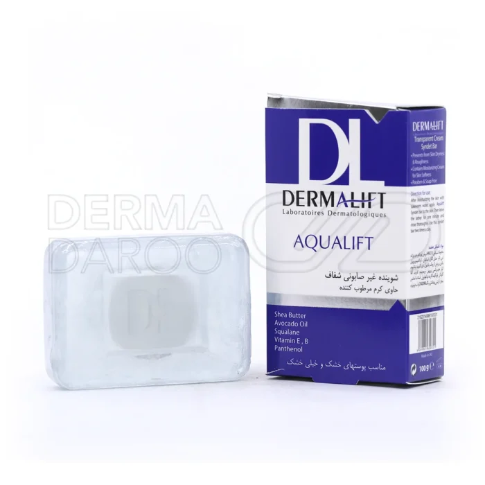 dermalift-aqualift-syndet-bar-for-dry-to-very-dry-skins-100-g (1) پن شفاف درمالیفت در بستهبندی بهداشتی، مناسب پوست خشک و حساس، با گلیسرین و شیباتر برای لطافت و جوانسازی پوست