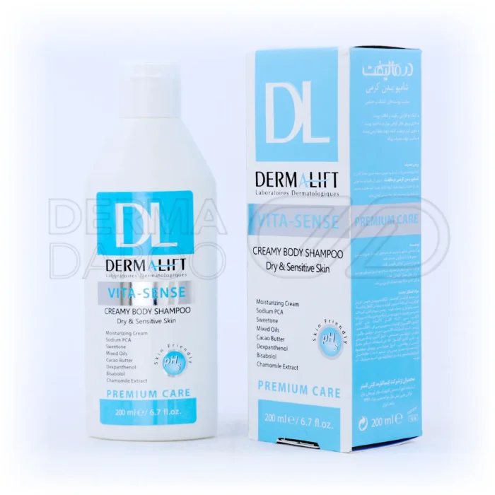 شامپو بدن کرمی درمالیفت در بطری پلاستیکی، حاوی روغن زیتون و کره منگو، آبرسان و ضد حساسیت پوست