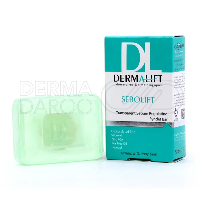 dermalift-sebolift-syndet-bar-for-oily-skin-100-g (1) پن سبولیفت درمالیفت در بستهبندی بهداشتی، با اسید سالیسیلیک و چای سبز، پاککننده پوست چرب و جوشدار، بدون صابون