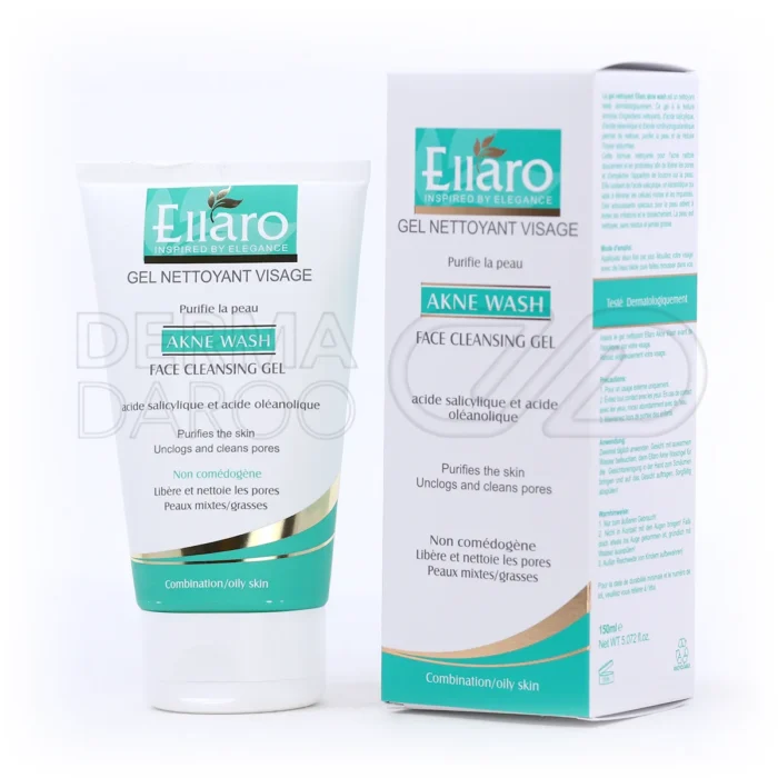 ellaro-akne-wash-face-cleansing-gel-150-ml (1) ژل شستشوی آکنه واش الارو در بستهبندی بهداشتی، با اسید سالیسیلیک و بیوتین، ضد آکنه و کنترلکننده چربی پوست