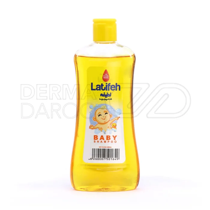 بطری شامپو بچه لطیفه مدل ساده با بسته بندی شفاف و طراحی مینیمال، فاقد پارابن، رطوبت رسان و مناسب پوست و موی حساس کودک