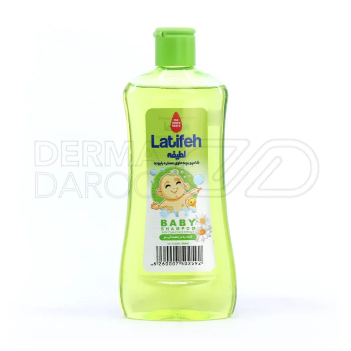 latifeh-baby-shampoo-chamomile-300-ml (1) بطری شامپو بچه لطیفه با عصاره بابونه در بسته بندی زرد ملایم، فاقد پارابن، رطوبت رسان و مناسب پوست و موی حساس کودک