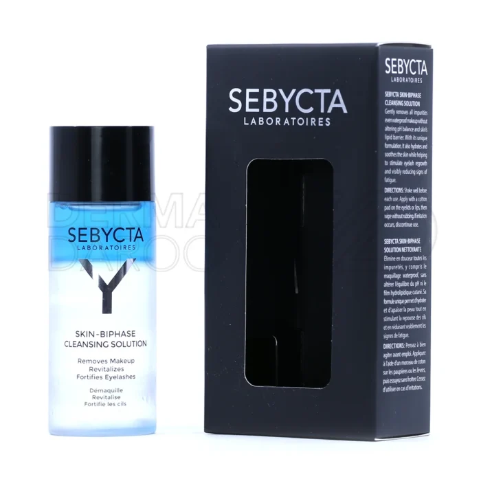 محلول دو فاز پاک‌کننده آرایش سبیکتا، با روغن زیتون و هیالورونیک اسید، در بطری، آبرسان، پاک‌کننده چشم و لب، بدون حساسیت.