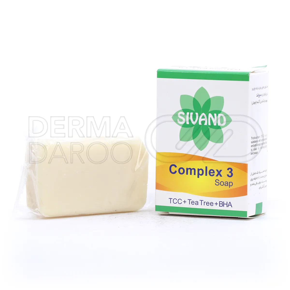 بسته بندی صابون کمپلکس 3 سیوند با طراحی ساده، حاوی روغن درخت چای و موم زنبور عسل، مناسب پوست چرب و آکنه دار