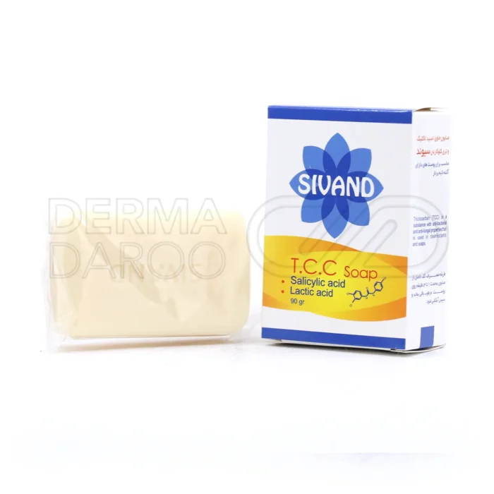بسته بندی صابون ضد جوش سیوند با طراحی ساده، حاوی تی سی سی و سالیسیلیک اسید، مناسب پوست چرب و آکنه دار