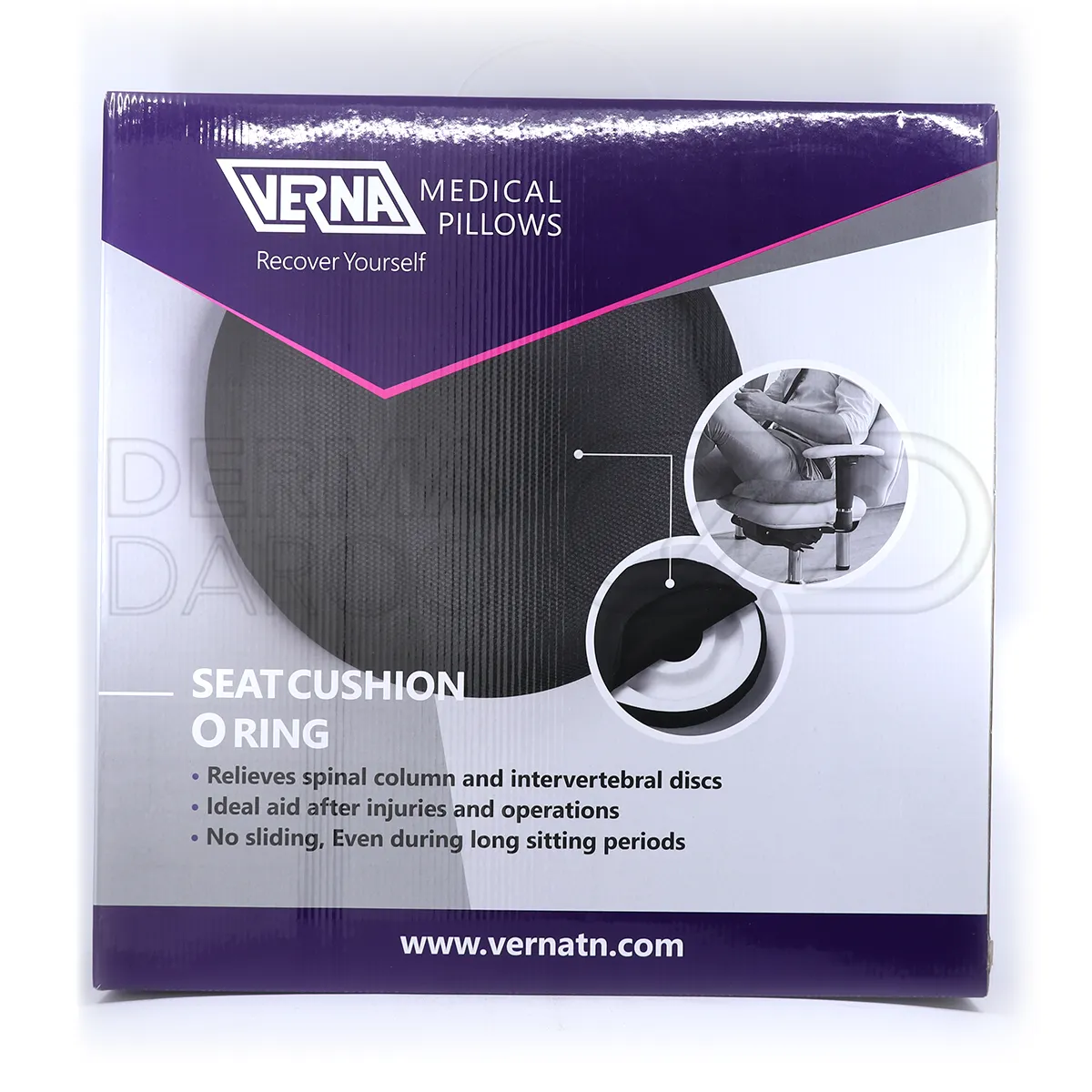 بسته بندی بالش طبی ارینگ ورنا با طراحی شیک و جعبه محافظ، ساخته شده از فوم نرم، مناسب برای نشستن طولانی و کاهش فشار ستون فقرات