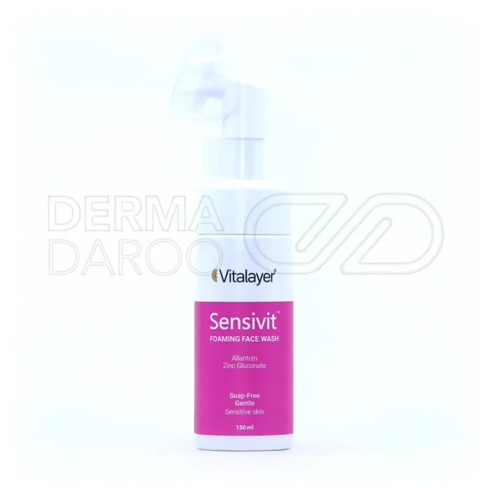 vitalayer-sensivit-face-foaming-wash-150-ml (1) فوم شستشوی صورت اسکین شیک، با عصاره خیار و ویتامین C، در بطری پمپدار با براش سیلیکونی، مناسب پوست چرب و حساس.