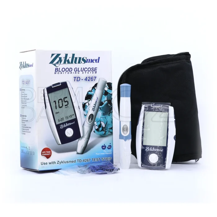 بسته بندی دستگاه تست قند خون زیکلاس مد TD-4267 در جعبه سفید و آبی با طراحی ساده، شامل نوارهای تست و کیت کامل برای دیابتی ها