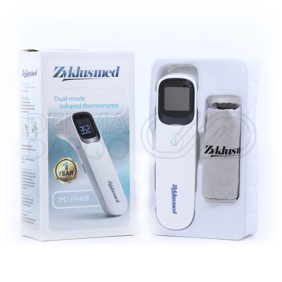 بسته بندی تب سنج دیجیتال زیکلاس مد FR409 در جعبه سفید و آبی با طراحی ارگونومیک، شامل دستگاه چندکاره برای سنجش دمای پیشانی و گوش