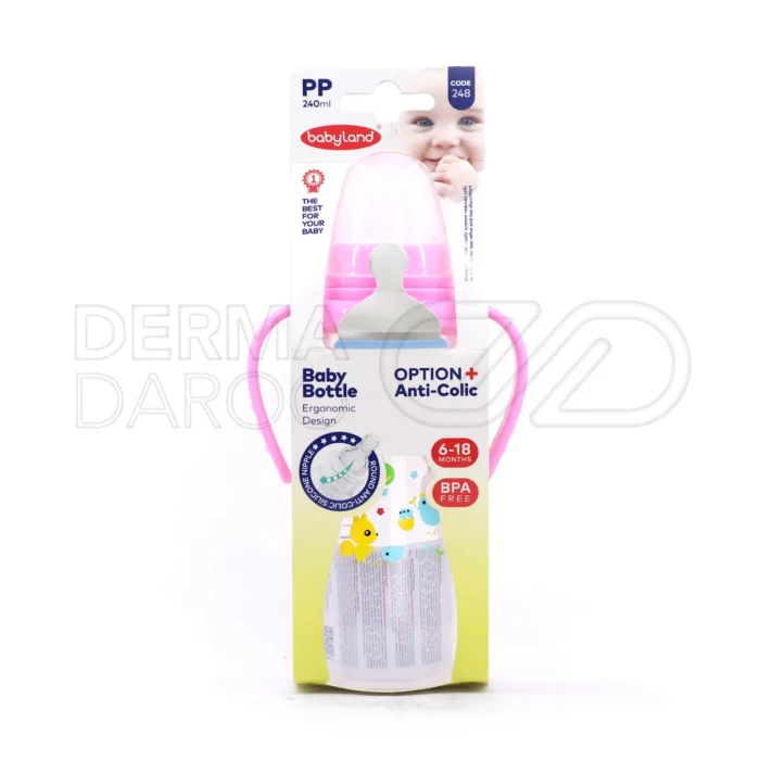 شیشه شیر آنتی‌کولیک بیبی لند، ۲۴۰ میلی‌لیتر، صورتی و آبی، سری فندقی، فاقد BPA، ضد نفخ، مناسب دختران و پسران ۶ تا ۱۸ ماه.