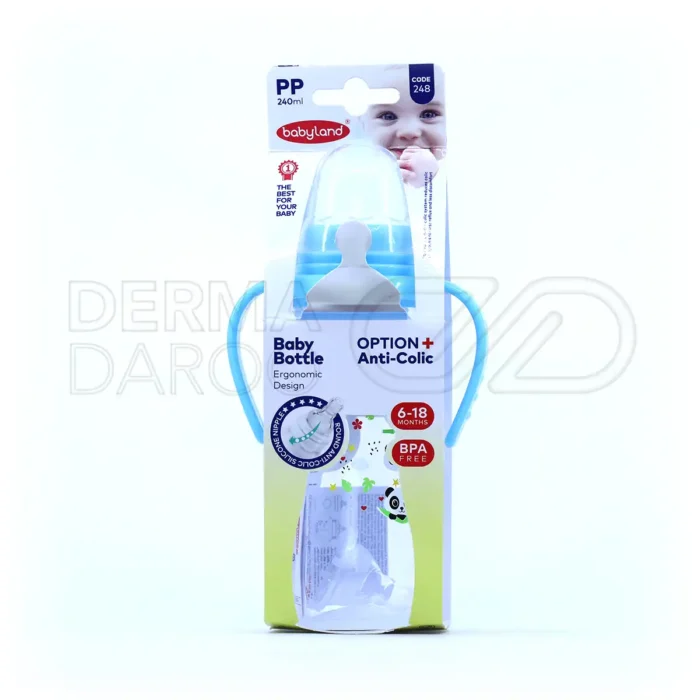 شیشه شیر دسته دار آنتی کولیک بیبی لند 240 میلی لیتر کد 248
