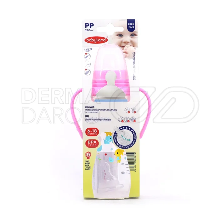 شیشه شیر دسته‌دار آنتی‌کولیک بیبی لند کد ۲۴۸، ۲۴۰ میلی‌لیتر، صورتی و آبی، مناسب ۶ تا ۱۸ ماه، فاقد BPA، با سری فندقی سیلیکونی.