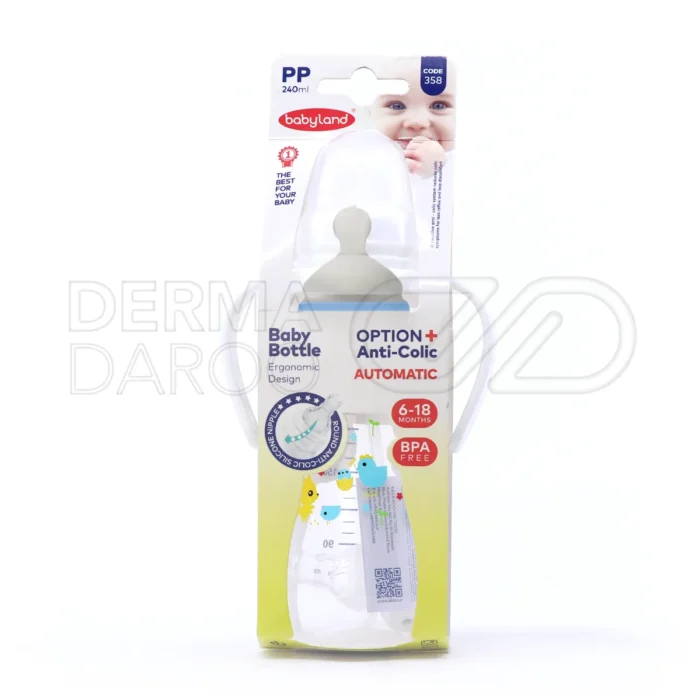 baby-land-bottle-of-milk-code-358 (1) شیشه شیر نیدار بیبی لند 240 میلیلیتر، مناسب 6-18 ماه، فاقد BPA، سری سیلیکونی، با درپوش و دسته ارگونومیک