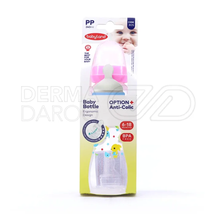 شیشه شیر بیبی لند، فاقد BPA، مناسب کودکان ۶-۱۸ ماه، ضد نفخ، طراحی ایمن، با درپوش