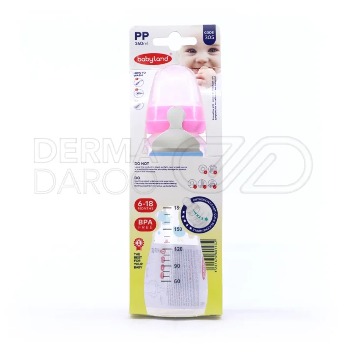 شیشه شیر بیبی لند کد ۳۰۵، مناسب ۶-۱۸ ماه، فاقد مواد مضر، ضد نفخ، سری سیلیکونی، قابل شست‌وشو