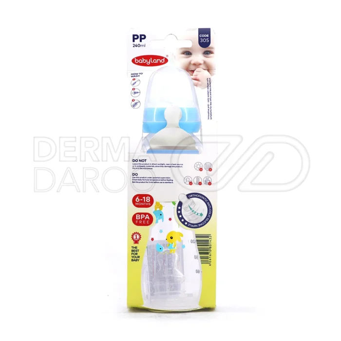 شیشه شیر بیبی لند کد ۳۰۵، با پلی‌پروپیلن و سیلیکون بهداشتی، فاقد BPA، ضد نفخ، مناسب ۶ تا ۱۸ ماه، قابل شست‌وشو.