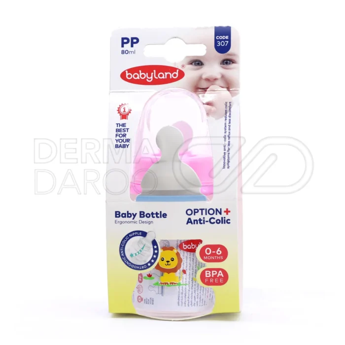 شیشه شیر ۸۰ میلی‌لیتر بیبی لند، مناسب ۰-۶ ماه، فاقد مواد مضر، آنتی کولیک، سر سیلیکونی نرم