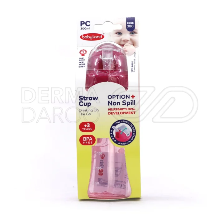 قمقمه نی‌دار بیبی لند مدل ۳۸۰، ۳۰۰ میلی‌لیتر، پلاستیک با کیفیت، فاقد BPA، با نی سیلیکونی و درپوش، ضد نشت، مناسب کودکان.