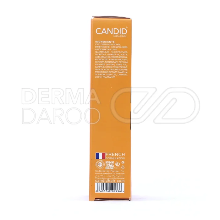 سرم مو کاندید، ترمیم‌کننده تارهای آسیب‌دیده، حاوی روغن آرگان و جوانه گندم، ضد موخوره، تقویت‌کننده و حجم‌دهنده مو.